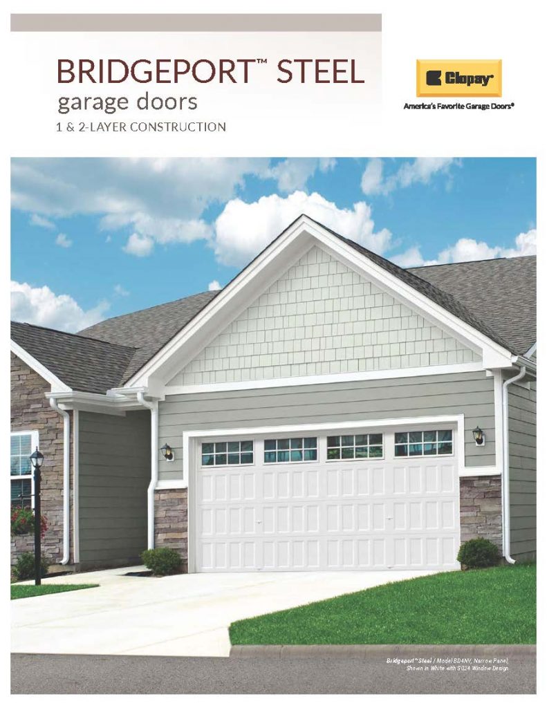 The image showcases the Clopay Bridgeport Steel 1–2 Layer garage door brochure, providing an overview of traditional carriage house designs, steel construction options, and available styles.